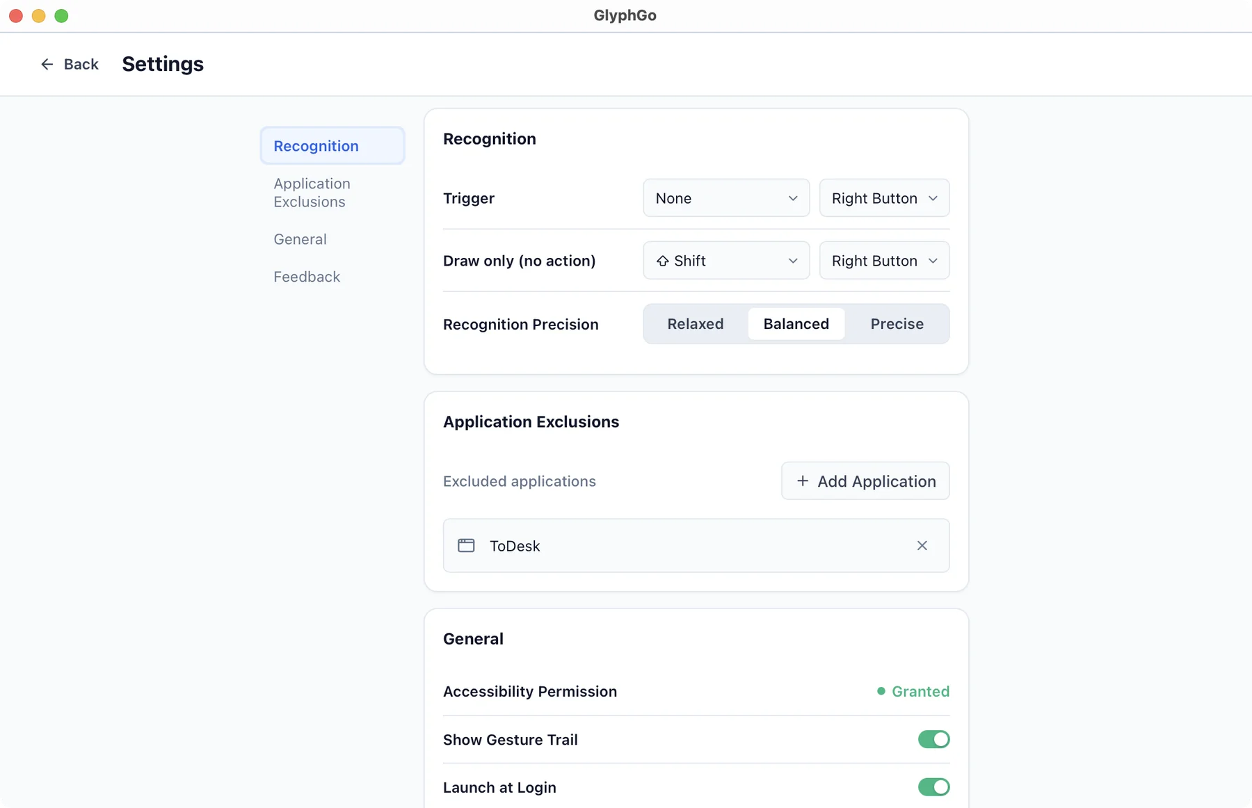 GlyphGo — Actions & Preferences